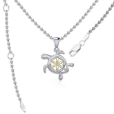 Swimming Turtle with Flower of Life Shell Silver and Gold Accent Pendant and Chain Set MSE973 - DiveSilver Jewelry