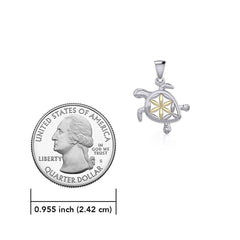 Swimming Turtle with Flower of Life Shell Silver and Gold Accent Pendant and Chain Set MSE973 - DiveSilver Jewelry