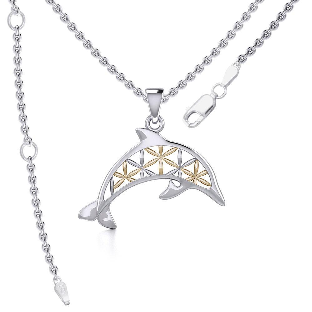 Swimming Dolphin with Flower of Life Silver and Gold Accent Pendant and Chain Set MSE975 - DiveSilver Jewelry