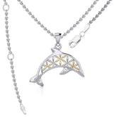 Swimming Dolphin with Flower of Life Silver and Gold Accent Pendant and Chain Set MSE975 - DiveSilver Jewelry