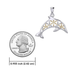 Swimming Dolphin with Flower of Life Silver and Gold Accent Pendant and Chain Set MSE975 - DiveSilver Jewelry