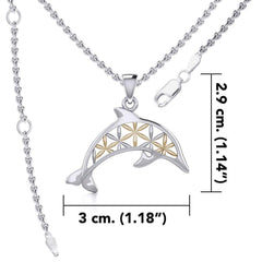 Swimming Dolphin with Flower of Life Silver and Gold Accent Pendant and Chain Set MSE975 - DiveSilver Jewelry