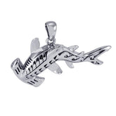 Hammerhead Shark with Wave Designs Engrave into Body Silver Pendant TPD6103 - DiveSilver Jewelry