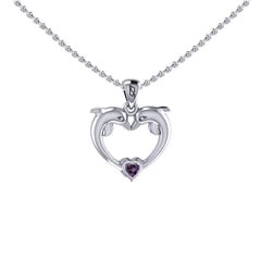 Double Dolphin With Heart Gemstone Sterling SIlver Pendant TPD6441