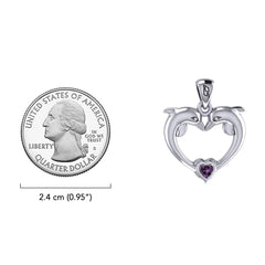 Double Dolphin With Heart Gemstone Sterling SIlver Pendant TPD6441