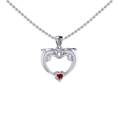 Double Dolphin With Heart Gemstone Sterling SIlver Pendant TPD6441