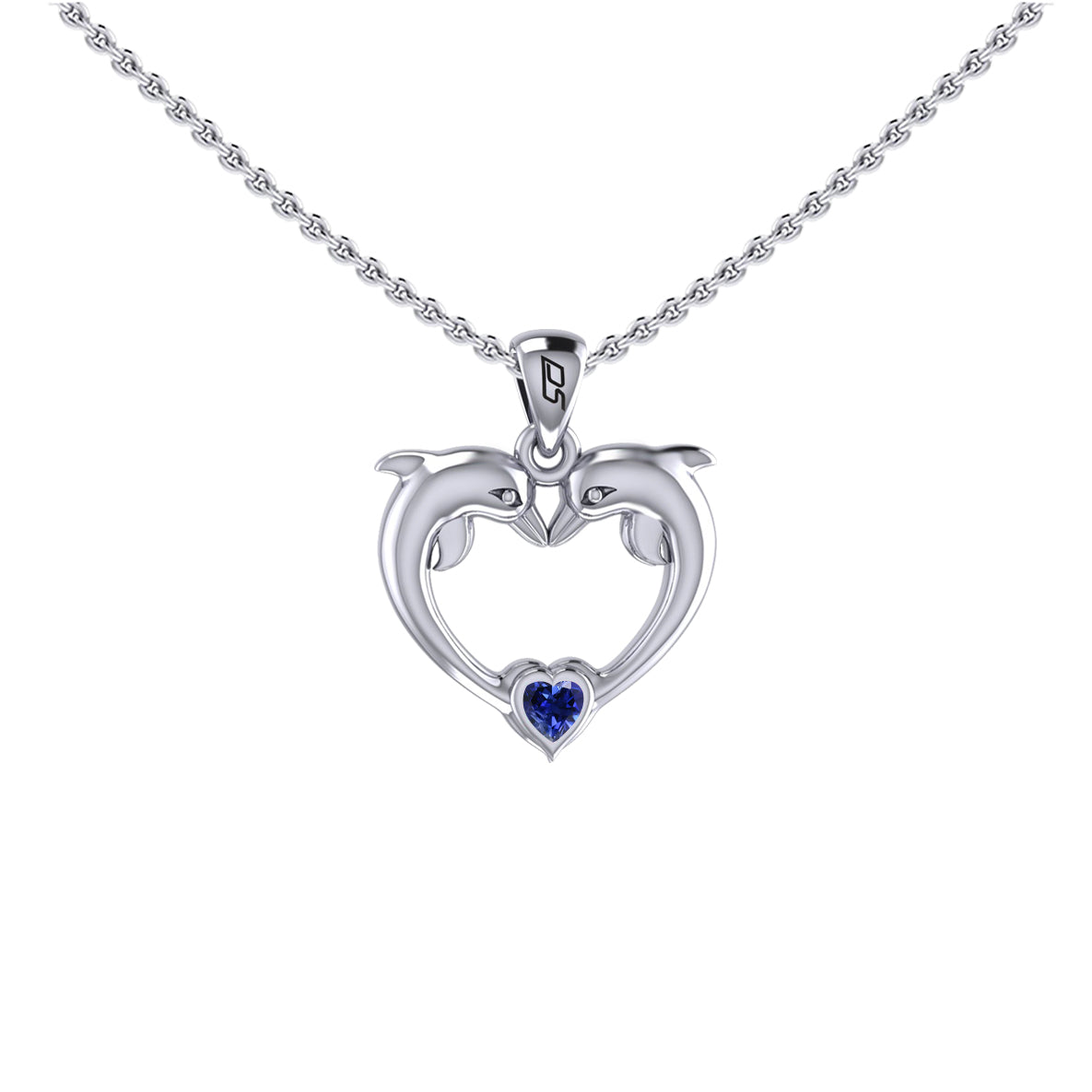 Double Dolphin With Heart Gemstone Sterling SIlver Pendant