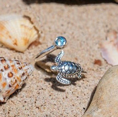 Sea Turtle Sterling Silver Ring with Gemstone