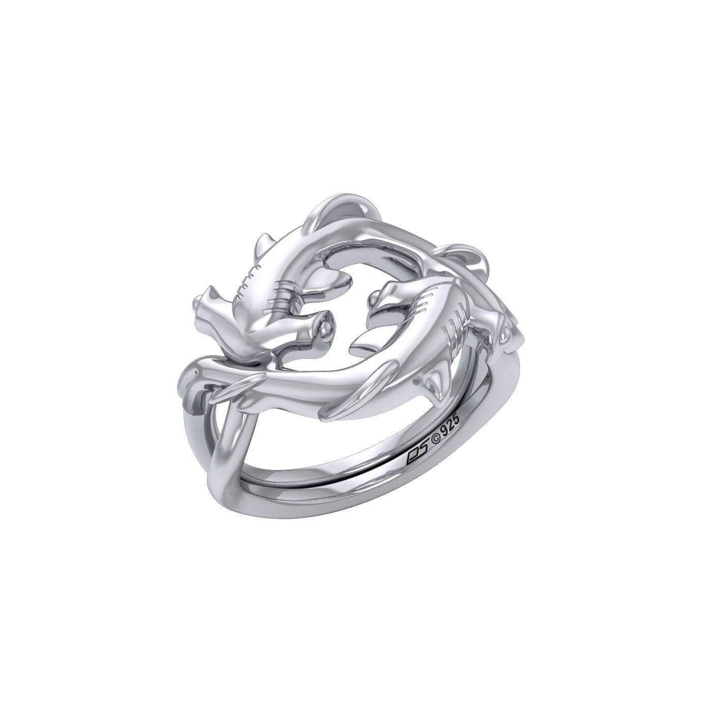 Enigma Fusion Sterling Silver Double-Hammer Headed Shark Puzzle Ring by Peter Stone TRI2470 - DiveSilver Jewelry