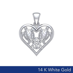 14K White Gold Sea Turtles with Celtic Triquetra in Heart Pendant - DiveSilver Jewelry