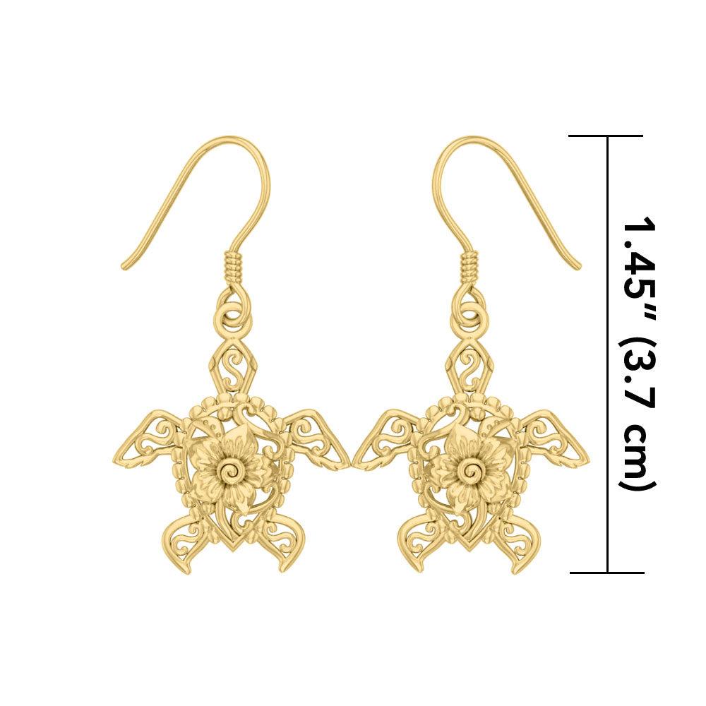 Sea Turtle Filigree Flower Hook Earrings in 14k Gold GER1707