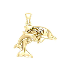 Gentle dolphins in steampunk ~ Solid Gold Jewelry Pendant with 14k Gold Accent GPD3929 - DiveSilver Jewelry