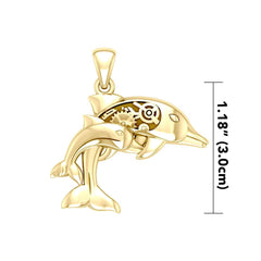 Gentle dolphins in steampunk ~ Solid Gold Jewelry Pendant with 14k Gold Accent GPD3929 - DiveSilver Jewelry