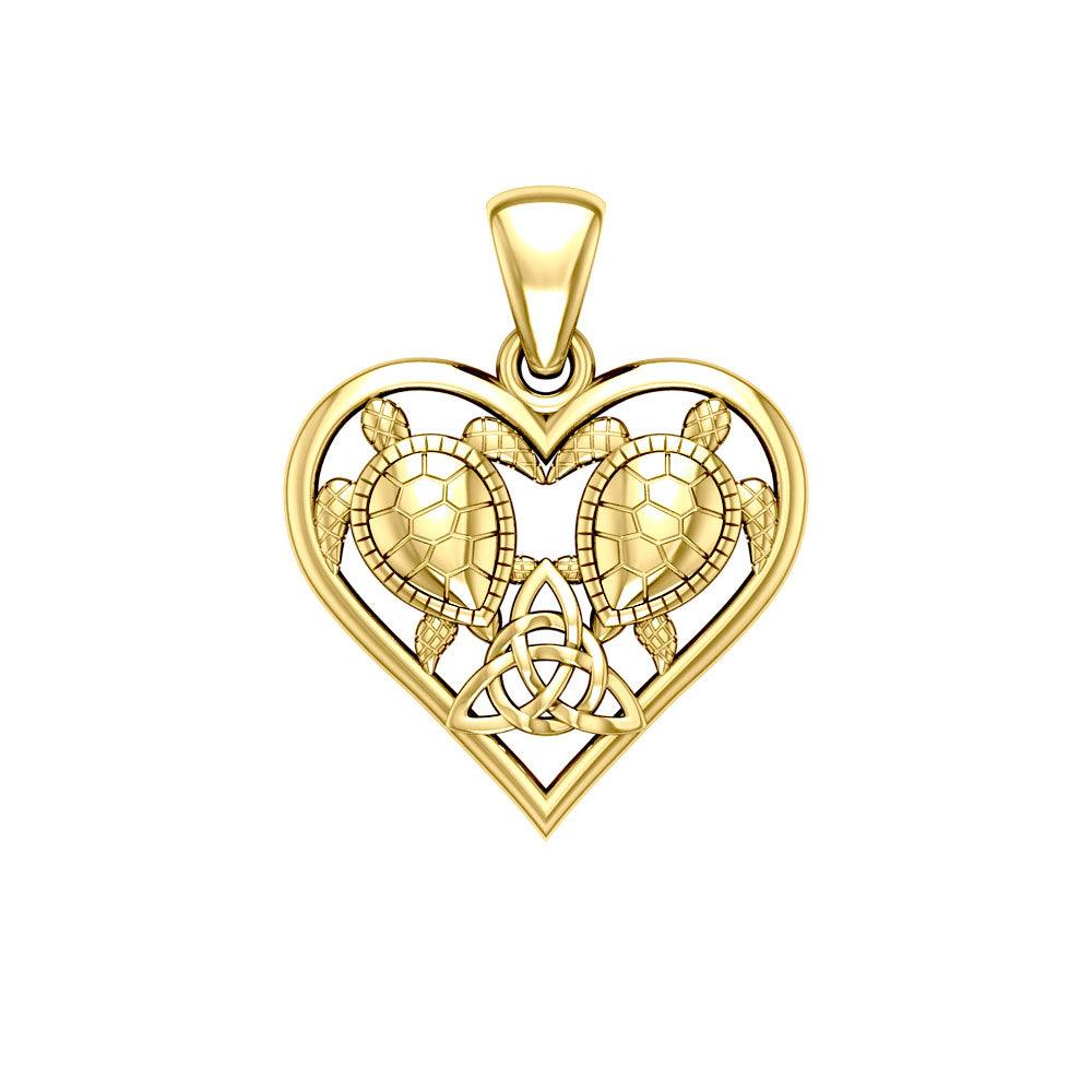 14K Yellow Gold Sea Turtles with Celtic Triquetra in Heart Pendant - DiveSilver Jewelry