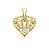 14K Yellow Gold Sea Turtles with Celtic Triquetra in Heart Pendant - DiveSilver Jewelry