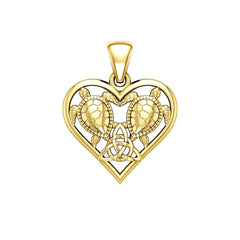 14K Yellow Gold Sea Turtles with Celtic Triquetra in Heart Pendant - DiveSilver Jewelry