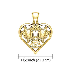 14K Yellow Gold Sea Turtles with Celtic Triquetra in Heart Pendant - DiveSilver Jewelry