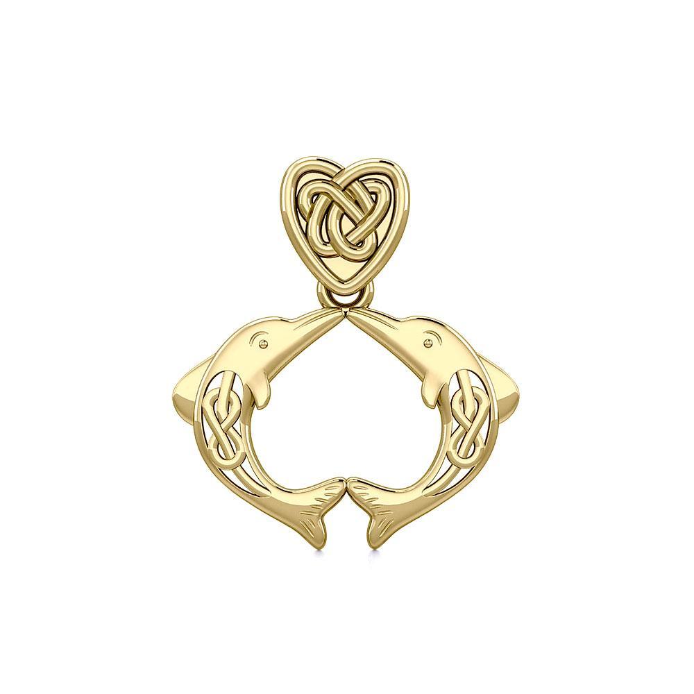 Celtic Double Dolphins with Celtic Heart Bale Solid Gold Pendant GPD5697 - DiveSilver Jewelry