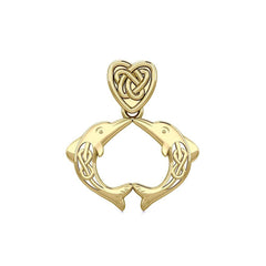 Celtic Double Dolphins with Celtic Heart Bale Solid Gold Pendant GPD5697