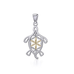 Turtle with Flower of Life Shell Silver and Gold Pendant MPD5271 - Pendant