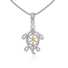 Turtle with Flower of Life Shell Silver and Gold Pendant MPD5271 - Pendant