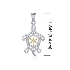 Turtle with Flower of Life Shell Silver and Gold Pendant MPD5271 - Pendant