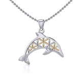 Swimming Dolphin with Flower of Life Silver and Gold Pendant MPD5272 - Pendant