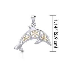 Swimming Dolphin with Flower of Life Silver and Gold Pendant MPD5272 - Pendant