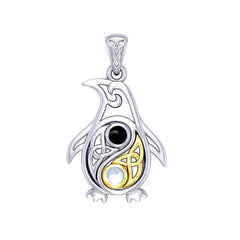Celtic Yin Yang Spirit of The Antarctic Penguin Silver and Gold Accent Pendant with Gem MPD6014 - DiveSilver Jewelry