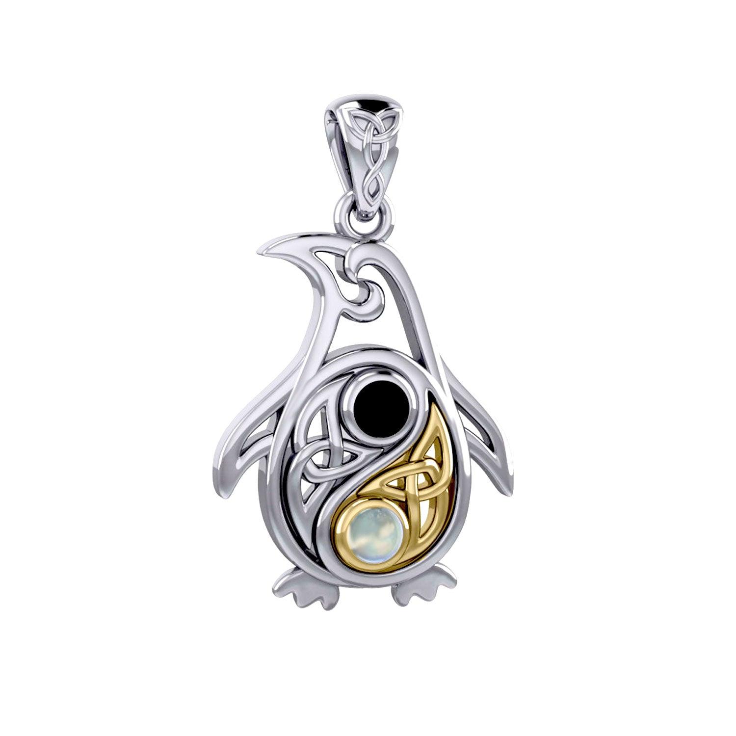 Celtic Yin Yang Spirit of The Antarctic Penguin Silver and Gold Accent Pendant with Gem MPD6014 - DiveSilver Jewelry