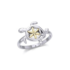 Swimming Turtle with Flower of Life Shell Silver and Gold Ring MRI1895 - Ring