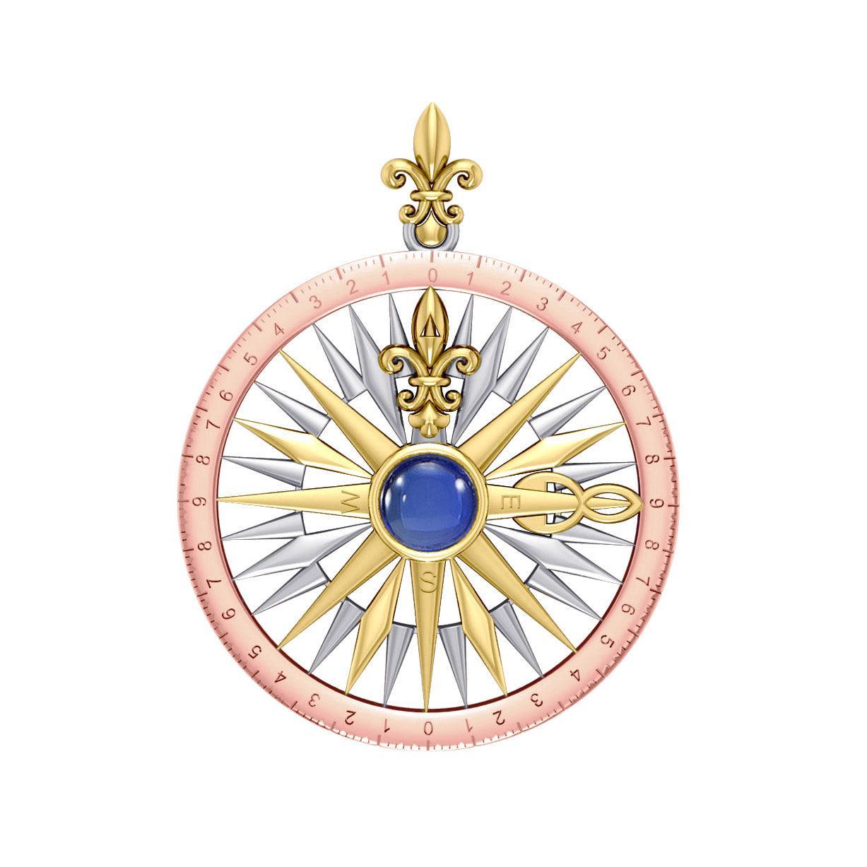 Compass Rose Silver with 14K Yellow Gold and Pink Gold Accent Pendant With Gemstone OTP3152 - DiveSilver Jewelry