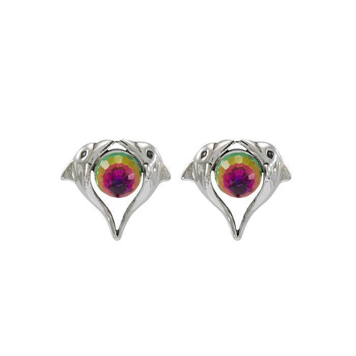 Double Dolphin With Rainbow Swaroski CrystalPost Earring TE314 - Earrings