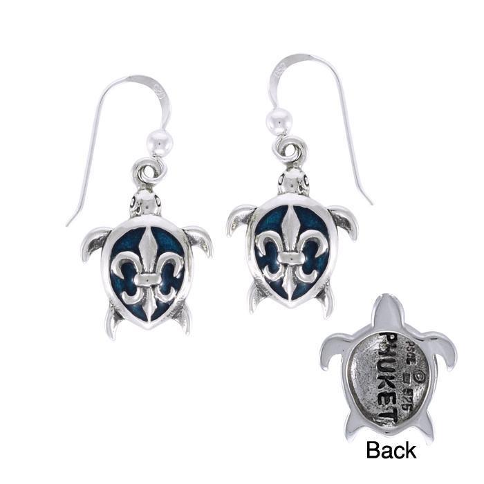 Fleur De lis on Sea Turtle's Carapace Sterling Silver Hook Earring TER1327 - Earrings