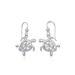 Swimming Turtle with Flower of Life Shell Silver and Gold Earrings TER1786 - Earrings