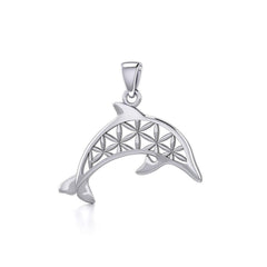 Swimming Dolphin with Flower of Life Silver Pendant TPD5272 - Pendant