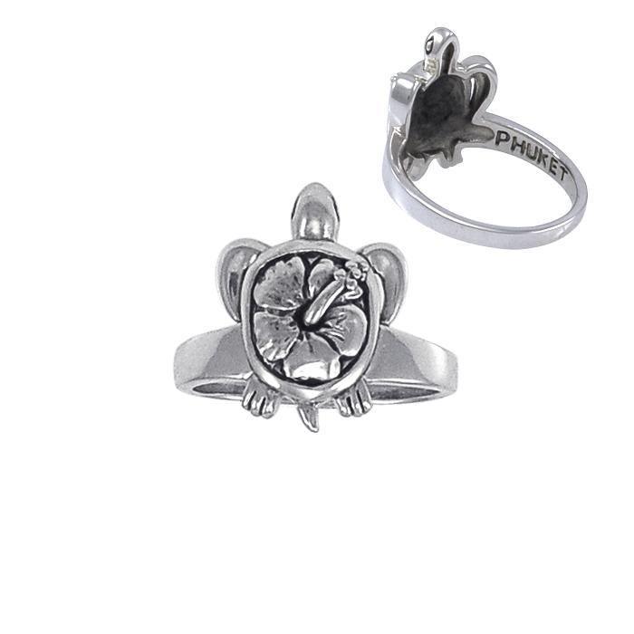 Hibiscus on Sea Turtle's Carapace Sterling Silver Ring TRI1228 - Rings