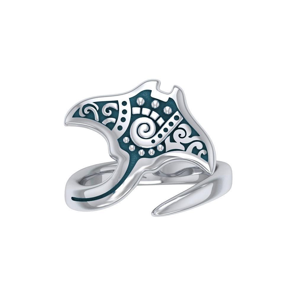 Silver Aboriginal Manta Ray Spoon Ring TRI1774 - DiveSilver Jewelry
