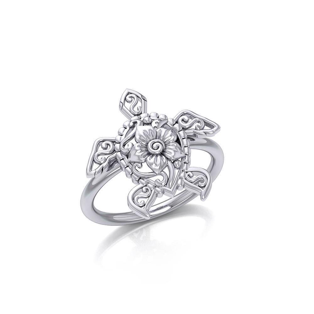 One meaningful step at a time Silver Sea Turtle Floral Filigree Ring TRI1791 - ring