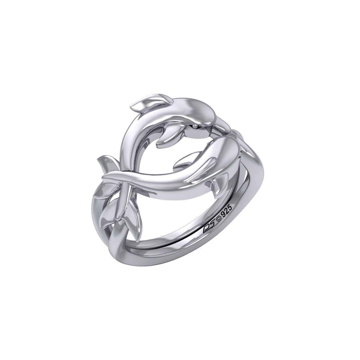 Oceanic Bonds Sterling Silver Friendly Dolphins Puzzle Ring by Peter Stone TRI2472 - DiveSilver Jewelry
