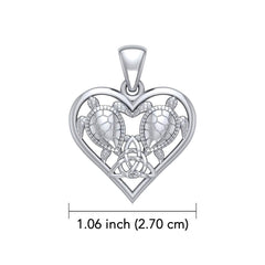 14K White Gold Sea Turtles with Celtic Triquetra in Heart Pendant - DiveSilver Jewelry