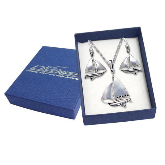 Sail Far With The Majestic Schooner Silver Pendant Chain And Earrings Box Set