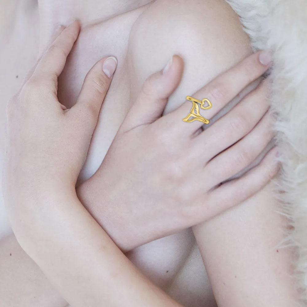 Whale Tail with Heart Solid Yellow Gold Wrap Ring GRI2342