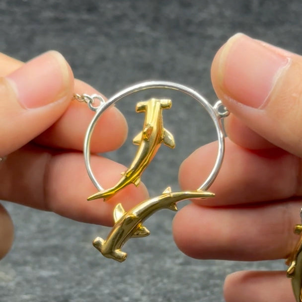 Quadruple Hammerhead Shark Sterling Silver and 14K Gold Accent Necklace