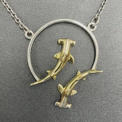 Double Hammerhead Shark Sterling Silver and Gold Accent Necklace