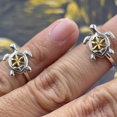 Swimming Turtle with Flower of Life Shell Silver and Gold Ring