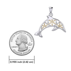 Swimming Dolphin with Flower of Life Silver and Gold Accent Pendant and Chain Set MSE975