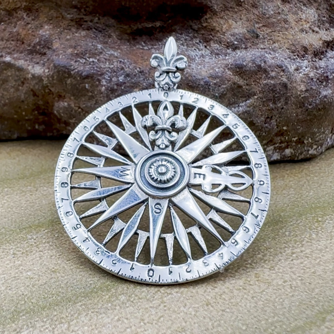 Fleur de Lis Compass Rose Sterling Silver Pendant TP1118