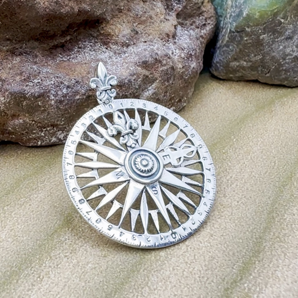Fleur de Lis Compass Rose Sterling Silver Pendant TP1118