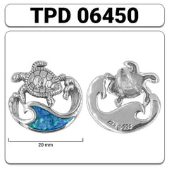 Sea Turtle And Wave Sterling Silver Pendant with Synthetic Paua Shell TPD6450